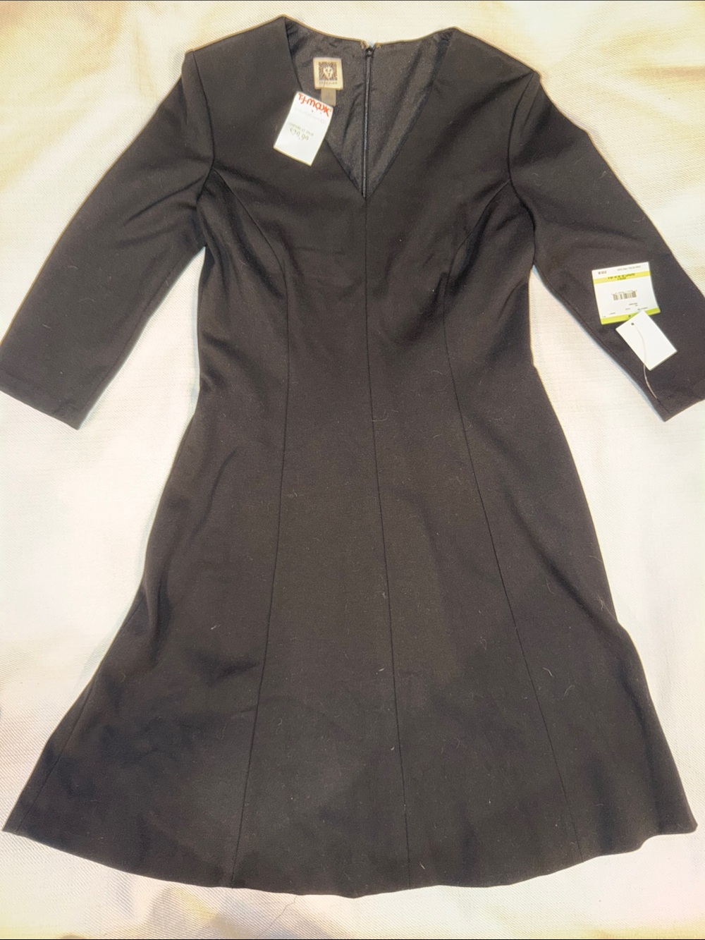 Anne Klein Black 3/4 Length Sleeve A-Line V-Neck Dress
